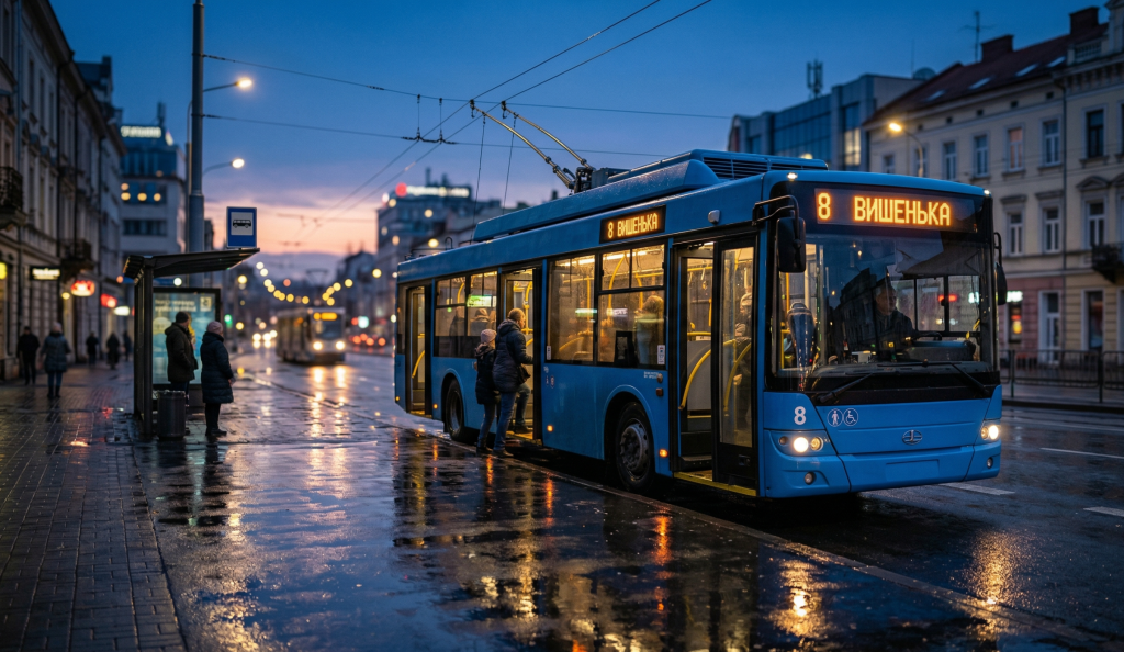 Атмосферний знімок тролейбуса №8 на зупинці у Вінниці під час заходу сонця, видно вечірні вогні міста.