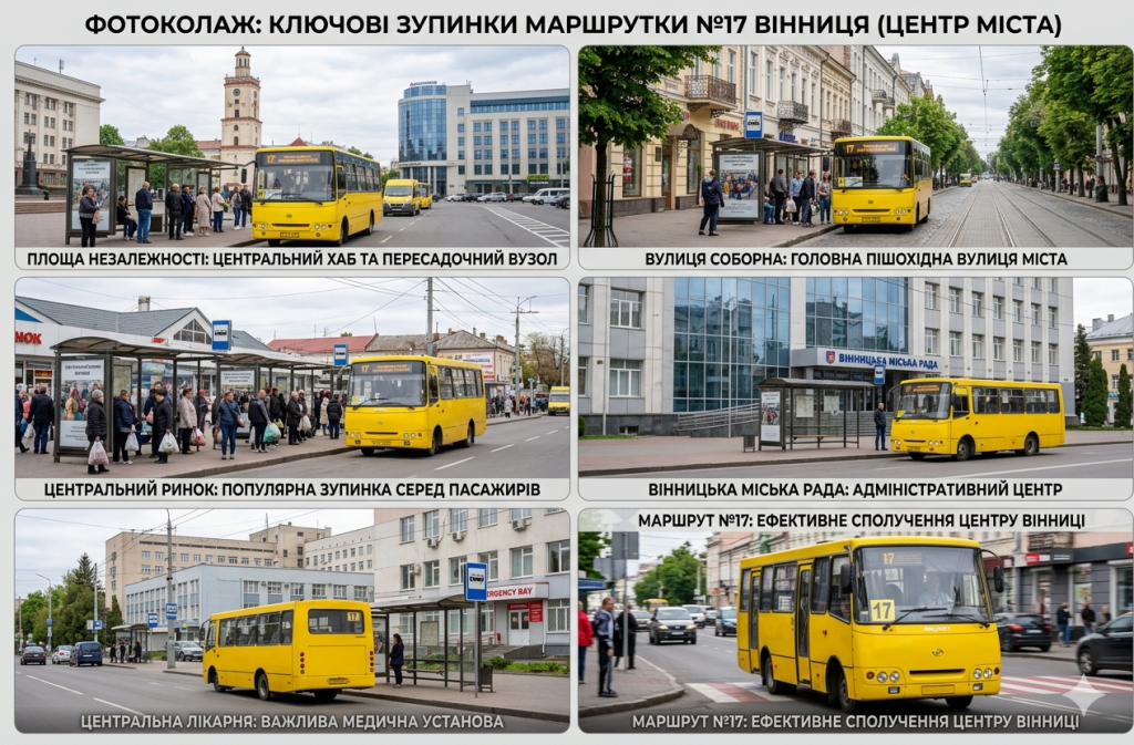 ключові зупинки маршруту 17 у центрі Вінниці