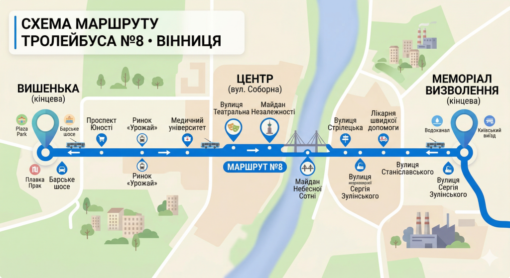 Сучасна інфографіка-схема маршруту тролейбуса №8 у Вінниці: від Вишеньки через центр до Меморіалу Визволення