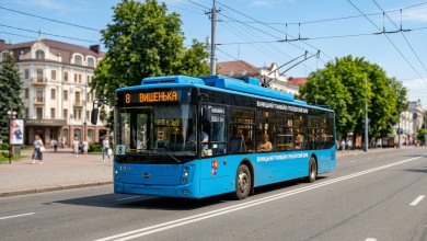 Сучасний синій тролейбус №8 м. Вінниця з написом «Вишенька» на табло їде вулицею міста у сонячний день.