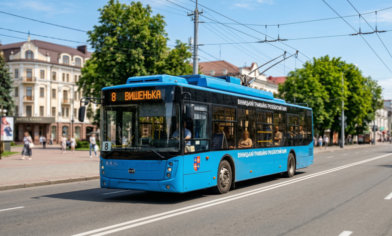 Сучасний синій тролейбус №8 м. Вінниця з написом «Вишенька» на табло їде вулицею міста у сонячний день.