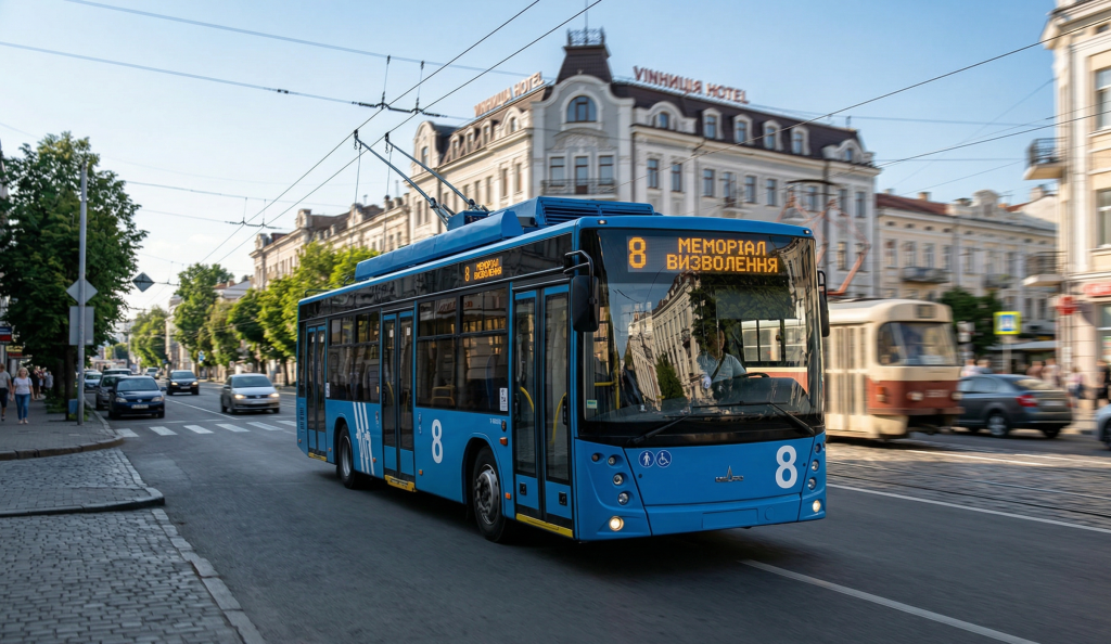 Тролейбус №8 м. Вінниця прямує центральною вулицею Соборна повз історичні будівлі та трамвайні колії.