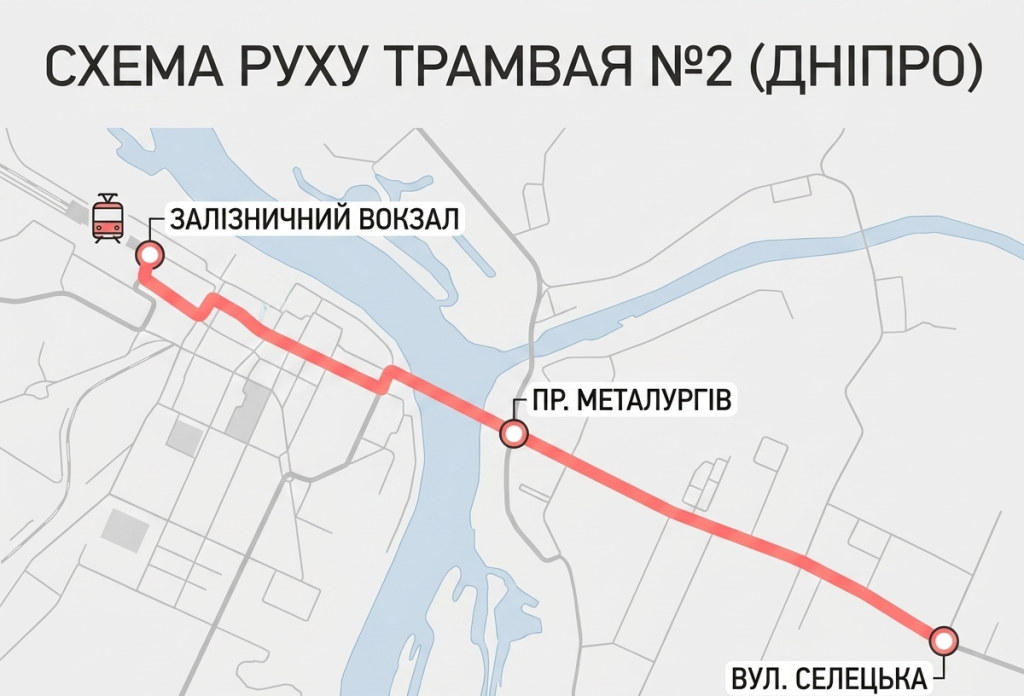 Схема маршруту трамвая 2 у Дніпрі: зупинки Залізничний вокзал, проспект Металургів та вулиця Селецька.