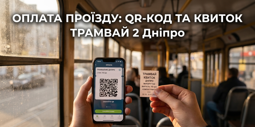 Способи оплати проїзду в трамваї 2 у Дніпрі: сканування QR-коду смартфоном та паперовий квиток.