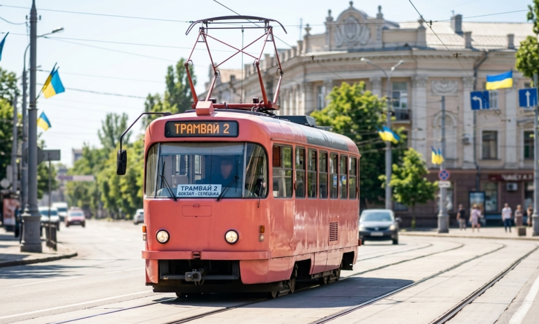 Трамвай №2 у Дніпрі на маршруті від залізничного вокзалу до вулиці Селецької, сучасний вагон на коліях.