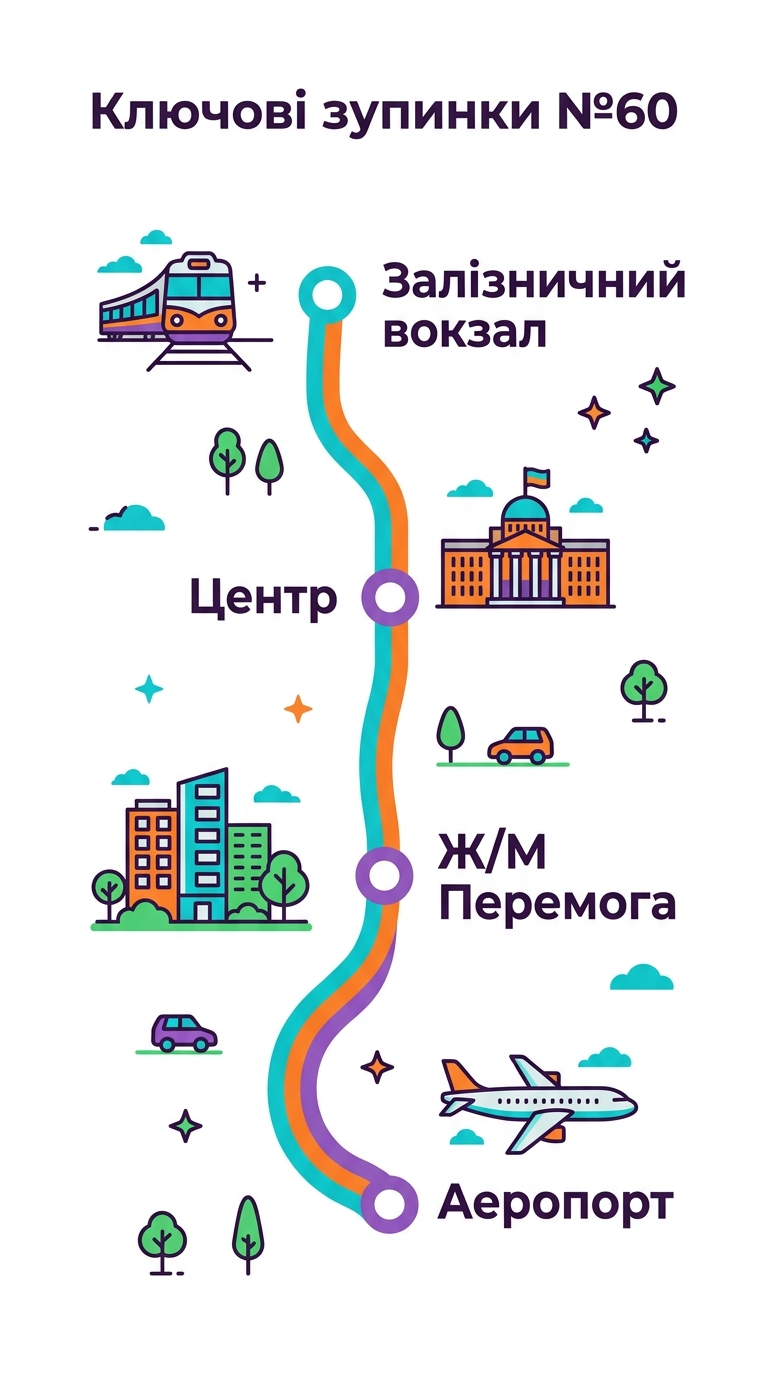 Схема основних зупинок 60 автобуса: Вокзал, Центр, Перемога, Аеропорт.