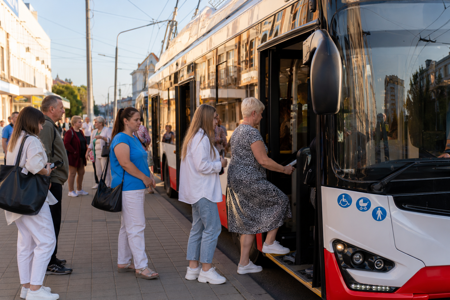 Посадка пасажирів у тролейбус 5 у Луцьку